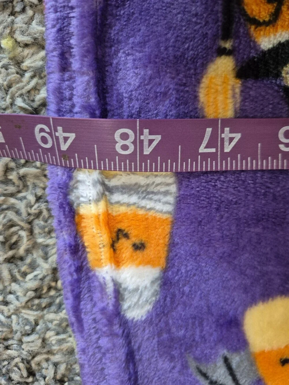 Halloween Themed Purple Fleece Blanket with Candy Corn and Pumpkin Pattern